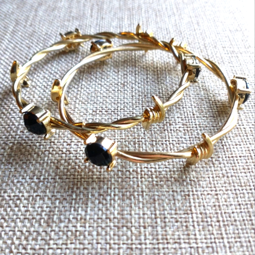 bangle bracelet set of 2 gold barbed wire black rhinestones gothic punk